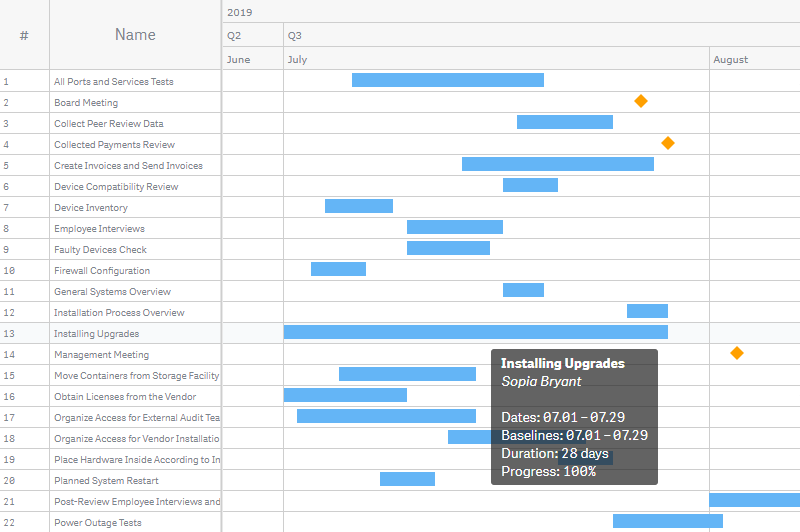 A project gantt chart with a tooltip displaying a custom text